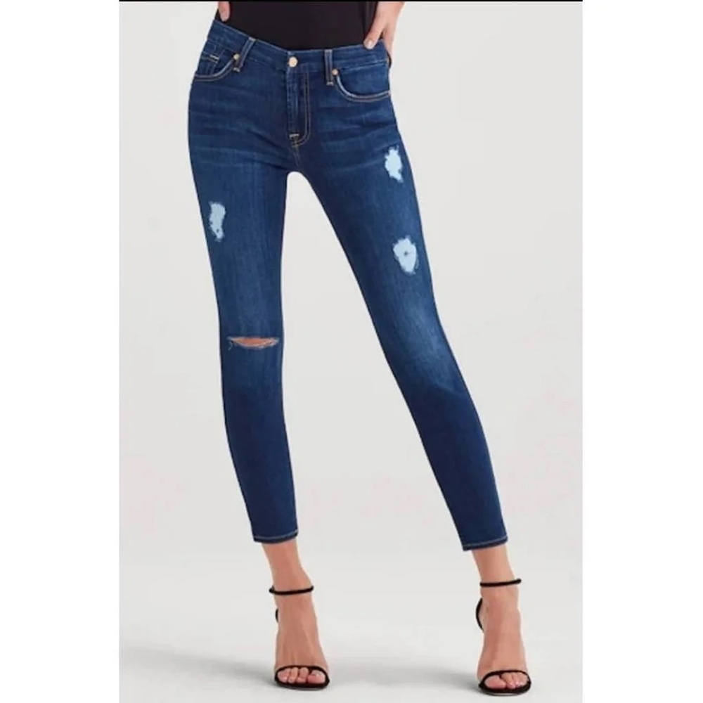 7 For All Mankind B(AIR) Denim The Ankle Skinny Distressed Dark Wash Jeans 27